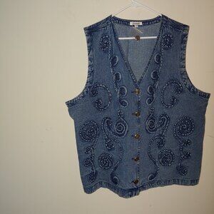 Serengeti Ribbon Embroidered Button Denim Vest Blue Wash Size 2X